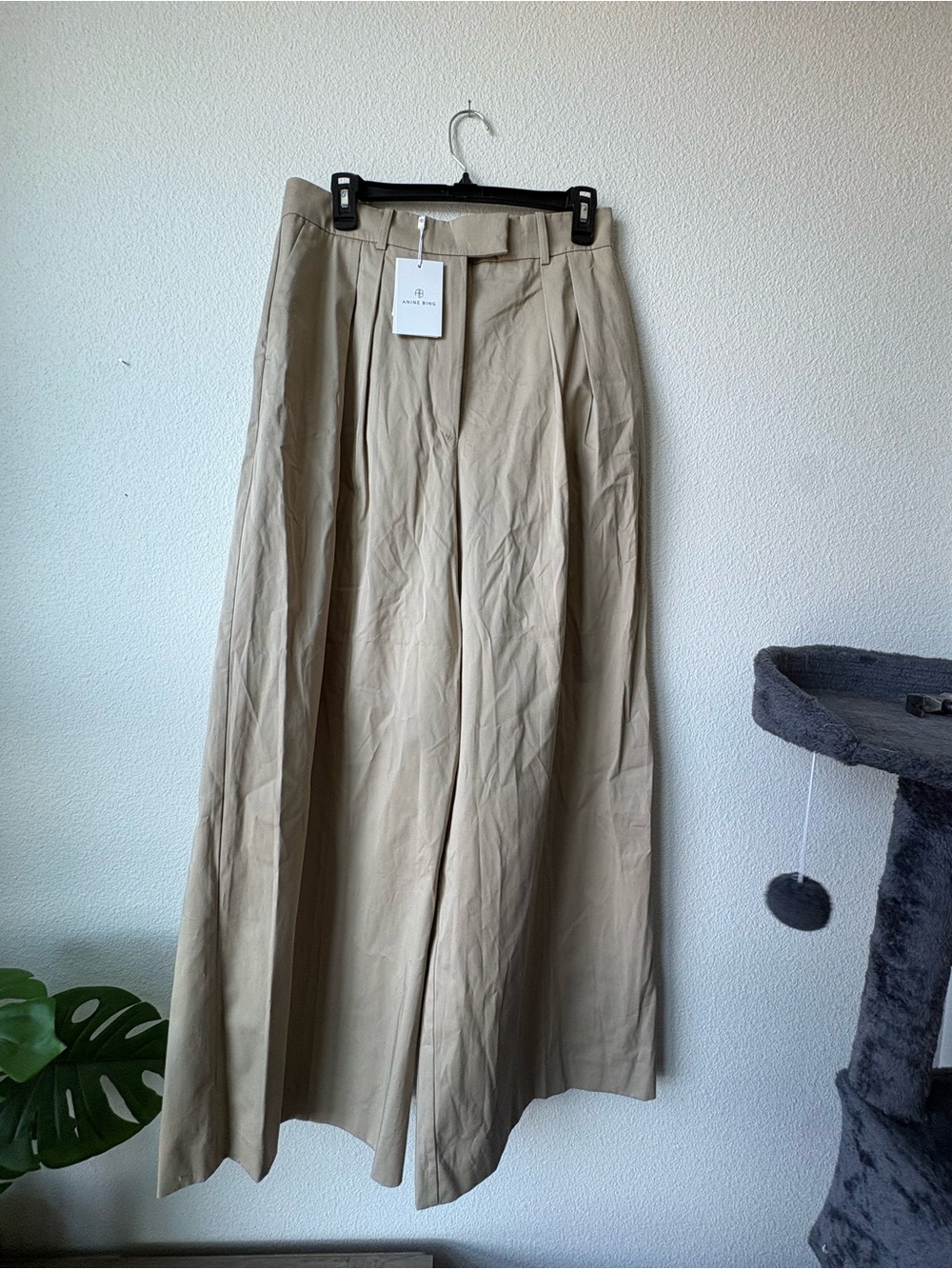 Anine Bing Beige Wide-Leg Pleated Pants
